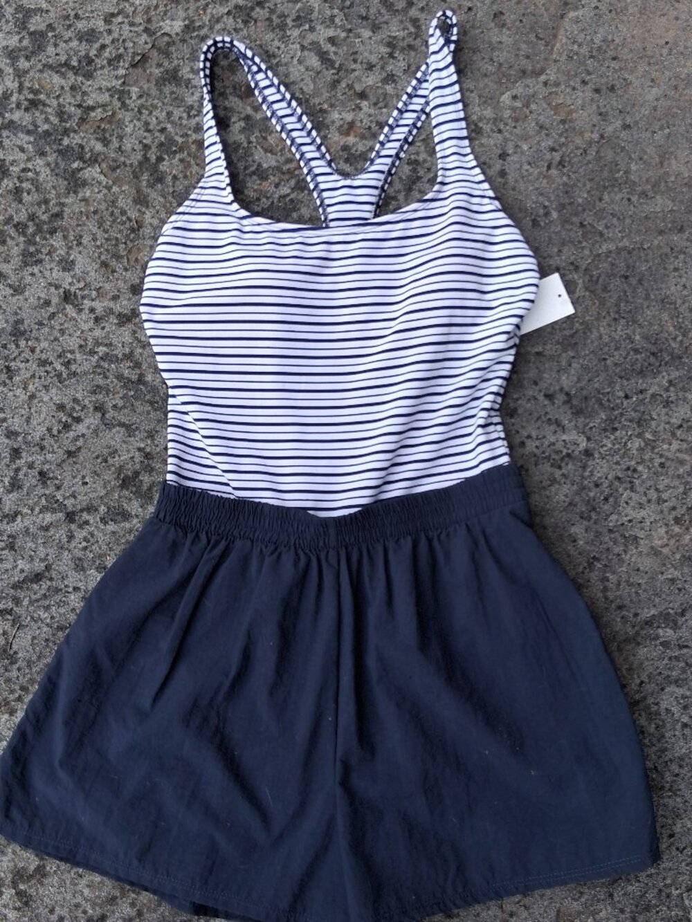 new Le Cove Size 8 Modest Swim Shorts Swimsuit One Piece Stripes blue black